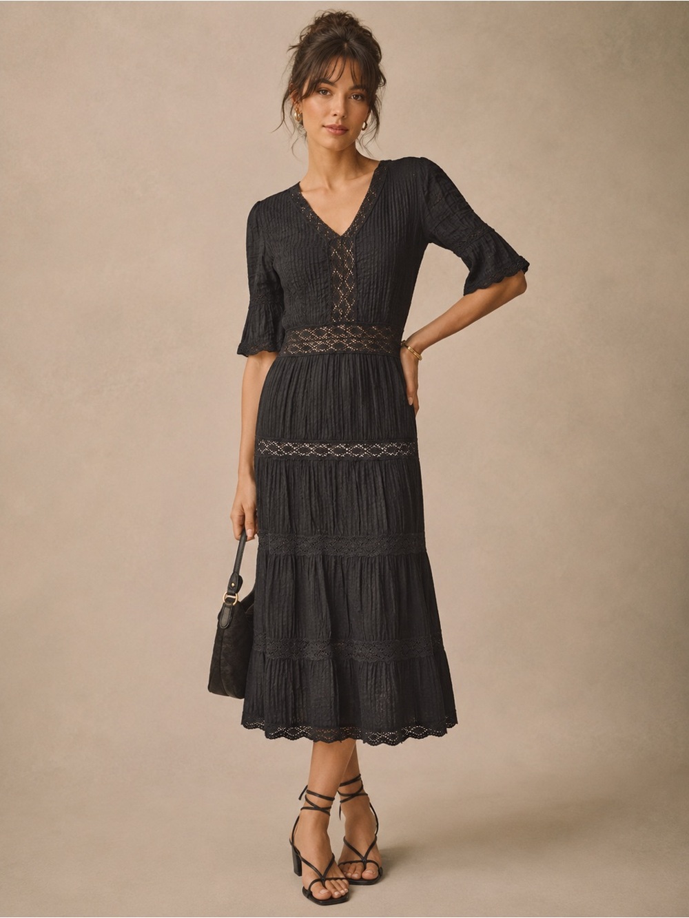 Anthropologie Saja Black V Neck Short Sleeve Cotton Lace Flare Midi Dress Size 6